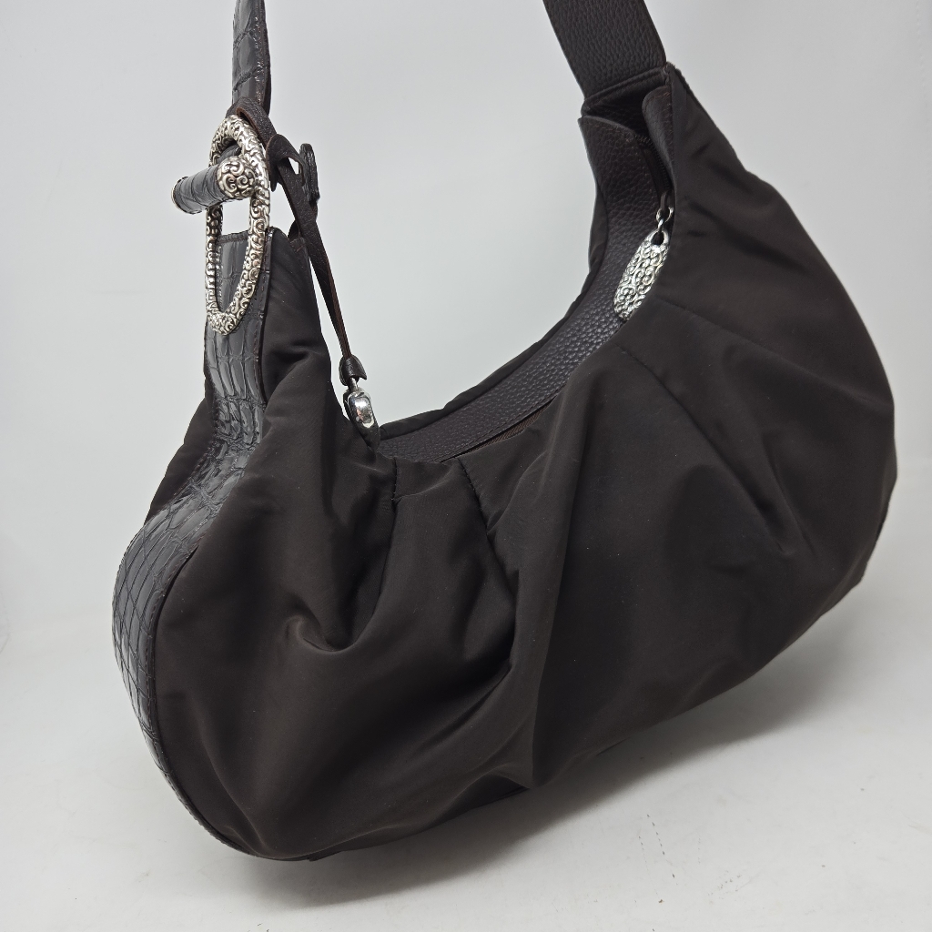 Brighton Brown Patent Leather Croc Embossed Nylon Hobo Purse Shoulder Bag Tote